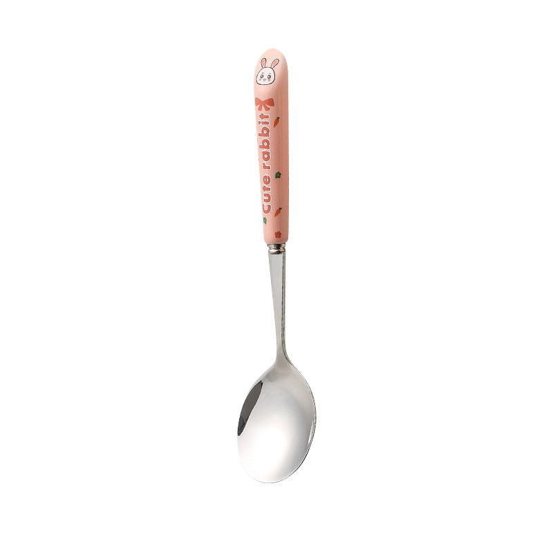 Cartoon stainless steel cutlery set: cute kids' forks with stylish ceramic handles, exquisite dessert spoons, and serving spoons