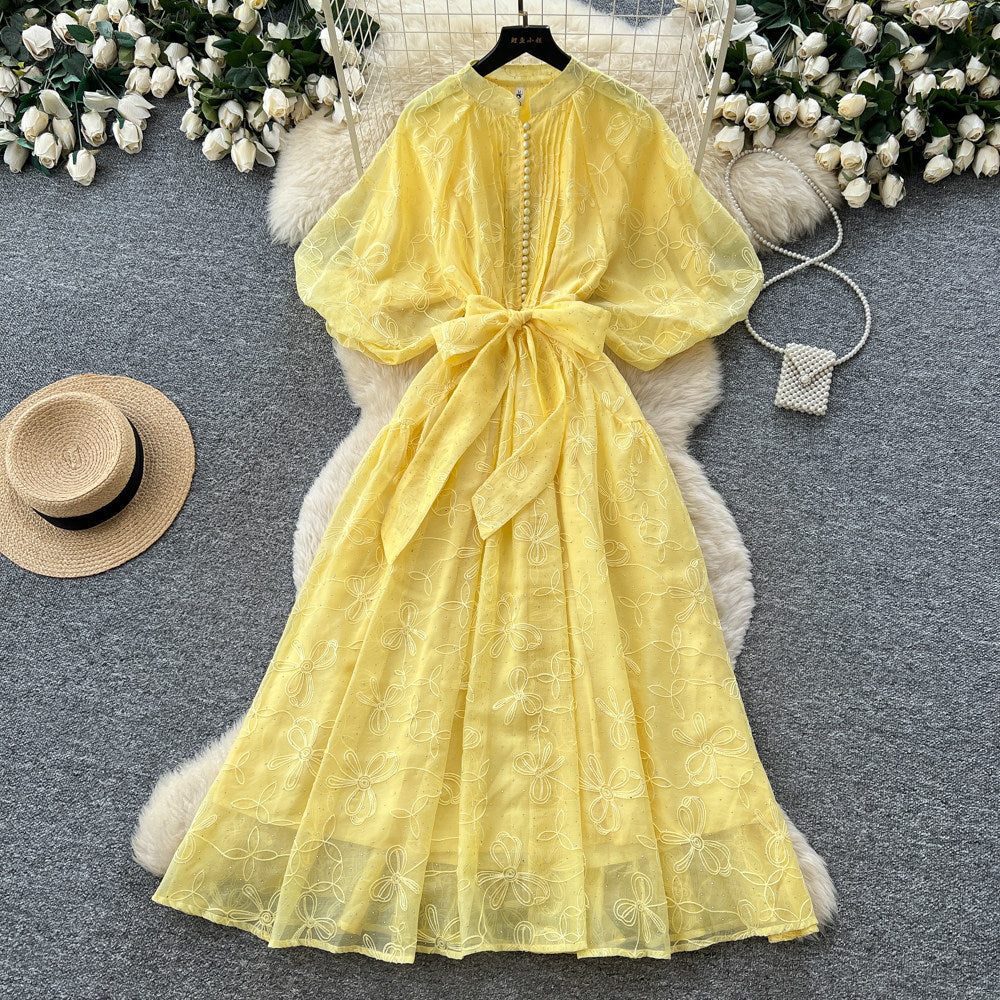 French yellow lace embroidery short sleeve dress women's summer high waist a-line dress commuter elegant long dress