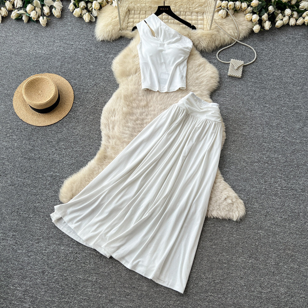 Lazy style slanted shoulder skirt slimming lookelegantfashionsuitsummerhigh waist skirt slimming lookelegantfashionsuit