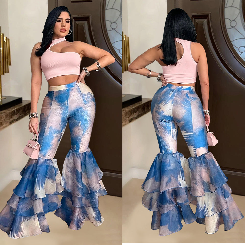 C6971 cross-border   independent station fashion women's printed flare pants ruffle hem women's trousers