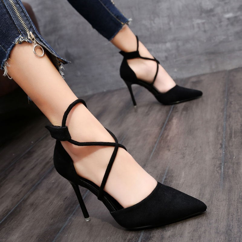 2025 summer european and american suede pointed-toe criss-cross ankle strap high heel sandals - women's sexy stiletto heels for banquets and nightclubs