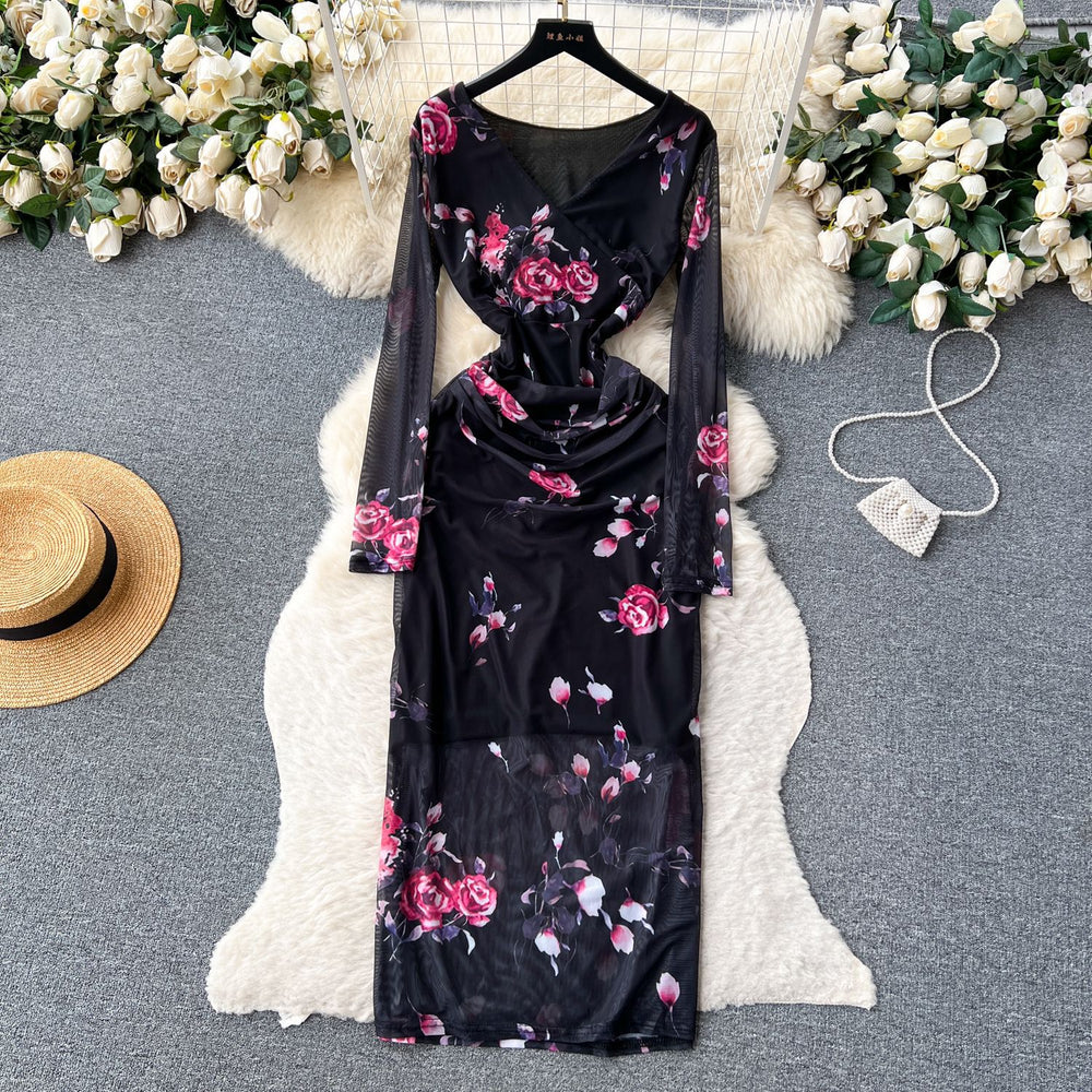 Frenchclassy long sleevesv neck tie dye printing mesh dress women's autum thin tight slimming look hip skirt