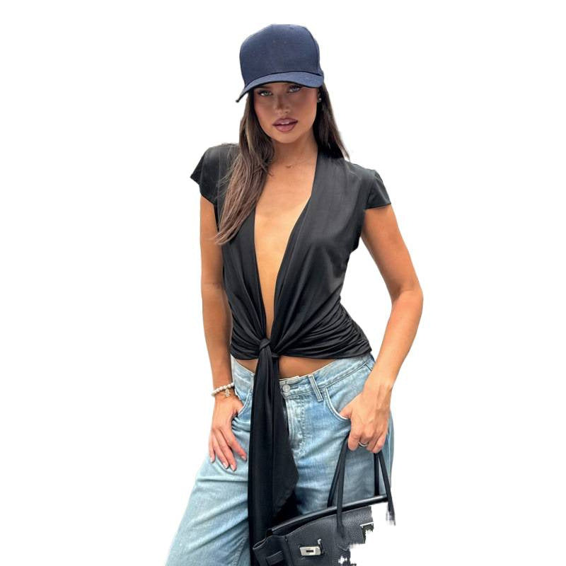 Amazon women's clothing  summer new arrivals: spicy girl deep v-neck cutout flutter sleeve tie-up slim fit versatile top
