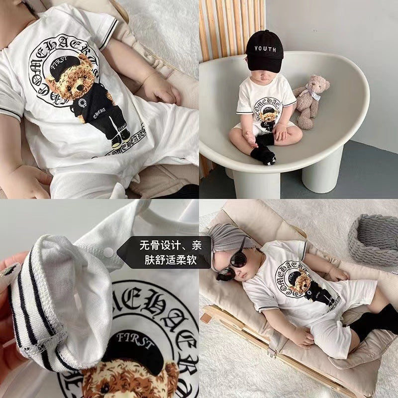 Newborn infant summer lightweight short-sleeve romper - baby boy & girl crawling suit with pocket - bear design onesie