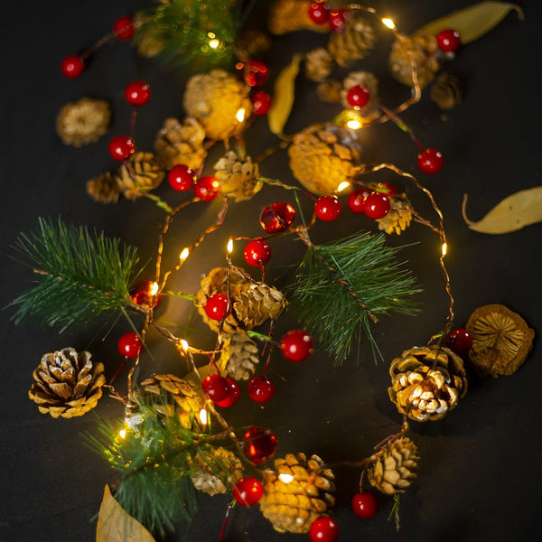 LED Christmas copper wire light pine cone pine needle bell red fruit decorative light string battery box Christmas rattan lights string