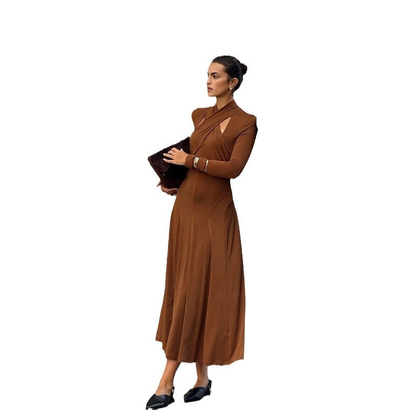 autumn european and american style women's cross-border new fashion elegant slim-fit solid color halter neck long sleeve dress
