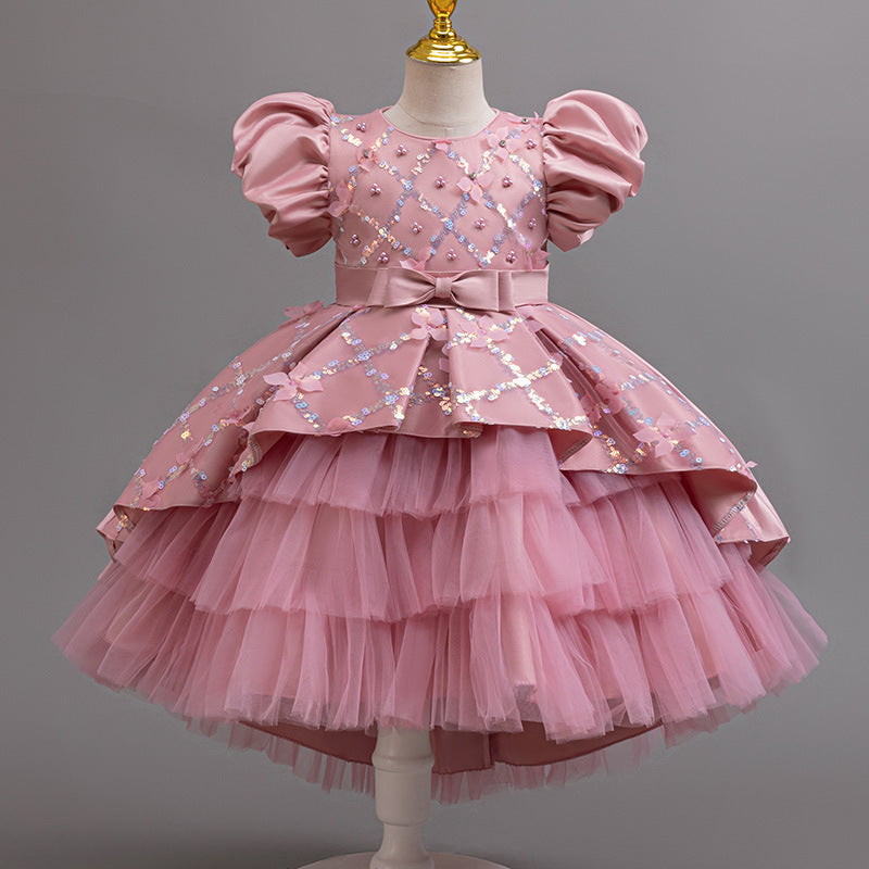 Ready-to-ship new sequin kids' gown with train, princess dress for flower girls, birthday party dress, girl's dress