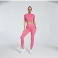Ready-to-ship matte ribbed athletic short sleeve zip-up cardigan and pants set - seamless yoga two-piece for running and fitness