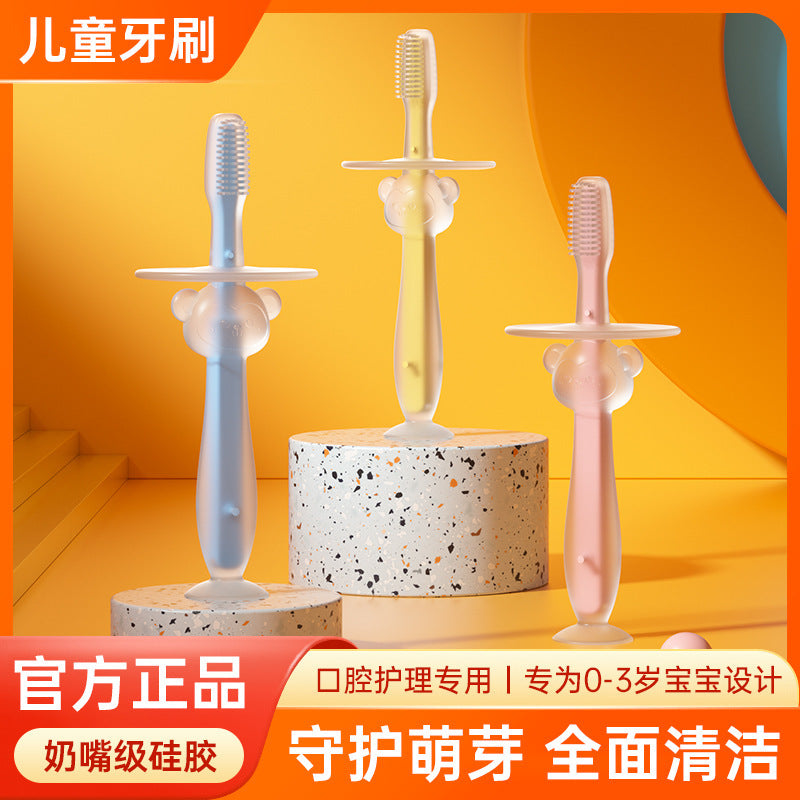 Baby training silicone three-dimensional baby teeth brush standing suction cup toothbrush silicone tongue coating soft bristle brush baffle safety brush