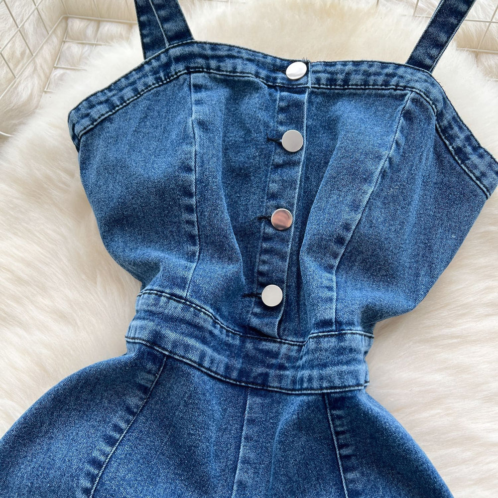 Korean style sleeveless overalls for women,  spring new arrival, hong kong retro style, high-waisted slimming denim pants with metal buckle detail