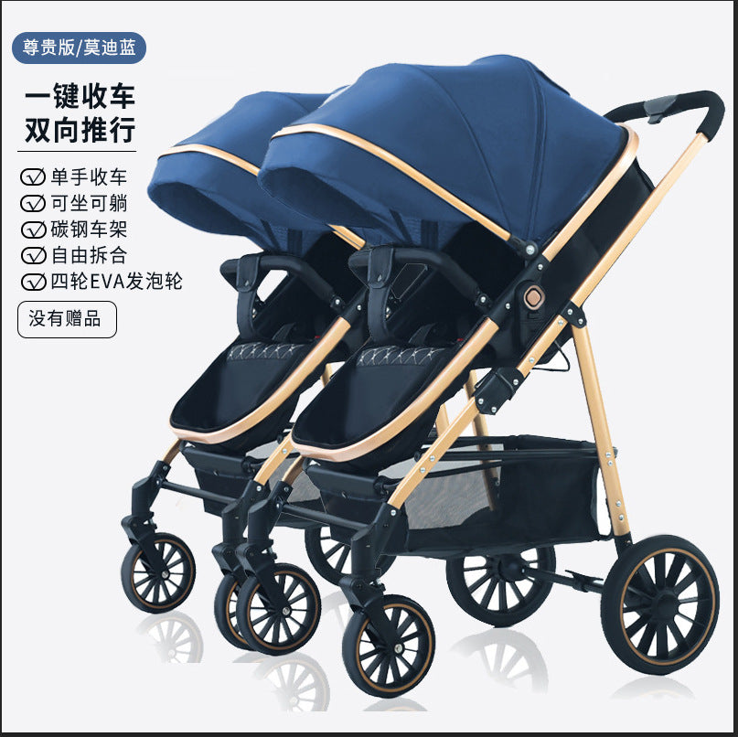 Twin stroller - lightweight, high-view, portable, convertible (sitting/reclining), detachable, double baby stroller, foldable, universal fit
