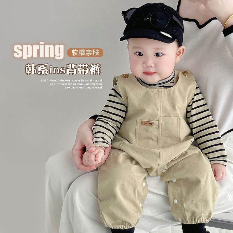 Baby clothes spring/autumn striped overalls outfit stylish romper two-piece set for baby boys and girls
