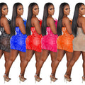 C6669 cross-border   fashion women's solid color mesh rhinestone feather mini skirt dress