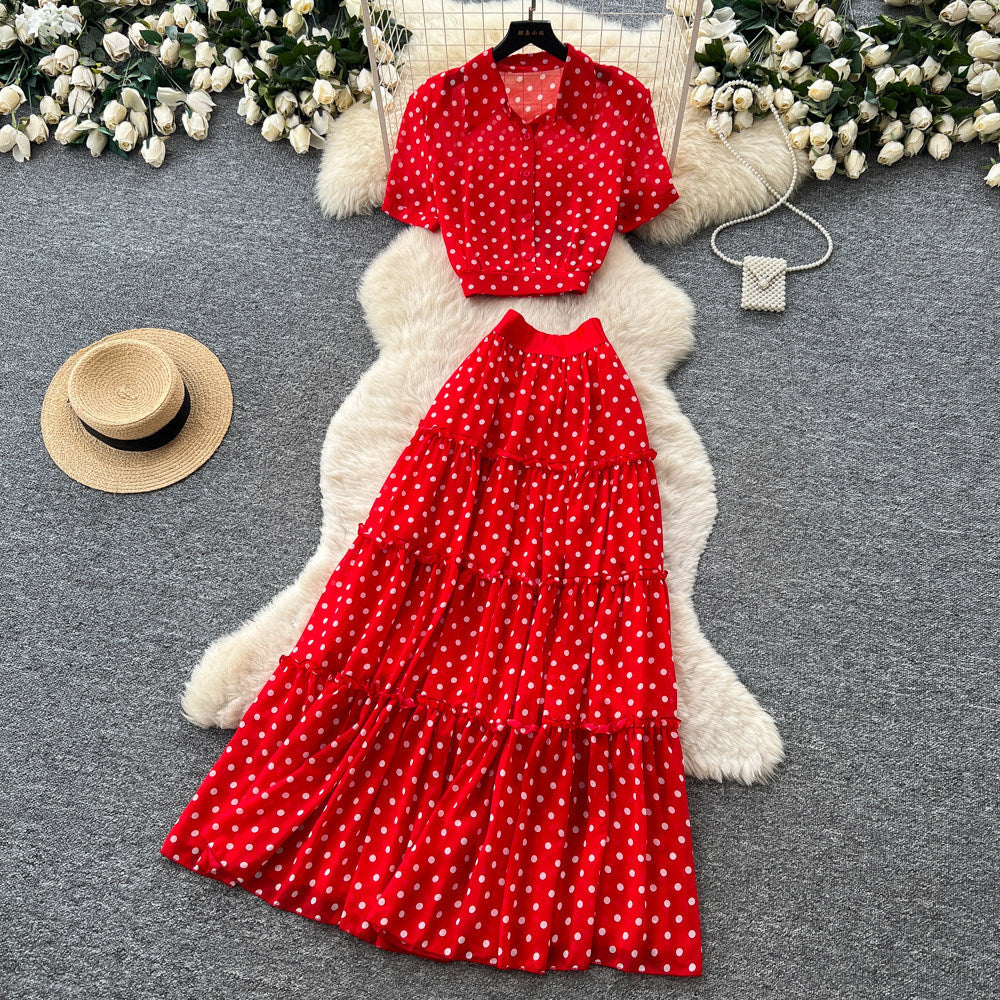 French red polka dot two-piece set - women's spring/autumn high-waisted, slimming, and chic workwear outfit