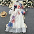 Vintage court style printed bubble sleeve dress - women's autumn tie-waist unique beautiful ethereal maxi dress