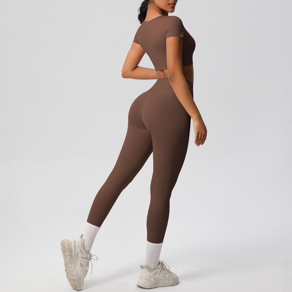 Ready-to-ship cross-border double-sided nylon brushed naked feel tight-fitting activewear yoga set - running & fitness short sleeve two-piece outfit