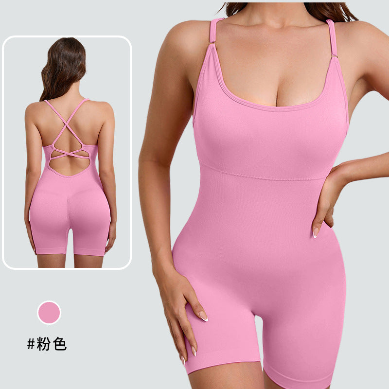 European and american style one-piece yoga bodysuit with removable padded bra, criss-cross back design, breathable, casual, activewear, and shaping bodysuit