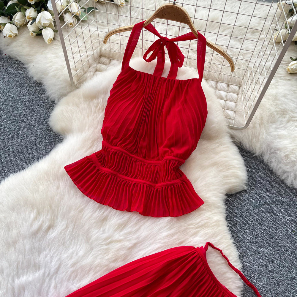 French riviera style halter top & backless two-piece set - women's summer high-waisted pleated skirt slimming chic fashion outfit