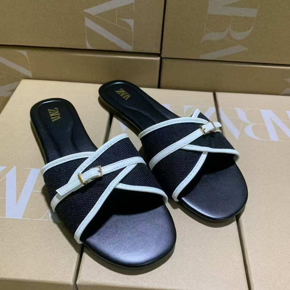 Za2025new arrival shoes new product banquet shoes slippers fashion square toe flats sandals women's shoes cross buckle women's shoes