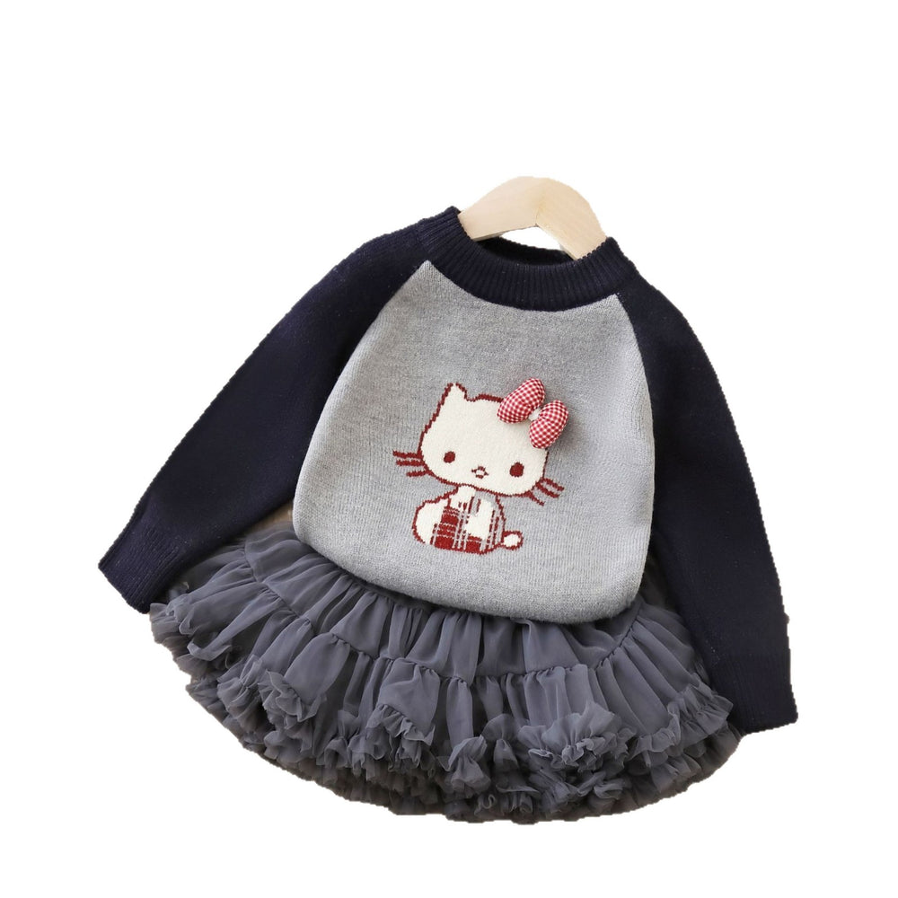 Girlsweaterthickenedall-in-one velvet with tutu skirttwo-piece set for baby girls round neckthickened bottom shirtsuit