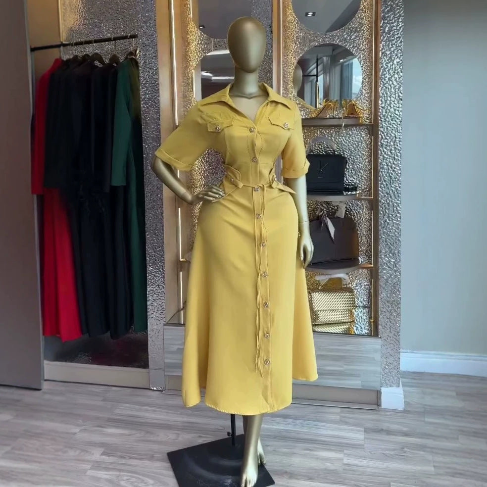European and american cross-border women's fashion:  summer new arrival - elegant commute single-breasted lapel tie-waist shirt dress