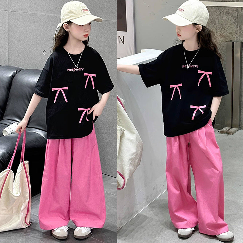 Summer kids' fashion bow t-shirt set: sweet & stylish short-sleeve top and loose-fit pants two-piece outfit for girls (sizes for mid-to-large children)