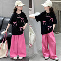 Summer kids' fashion bow t-shirt set: sweet & stylish short-sleeve top and loose-fit pants two-piece outfit for girls (sizes for mid-to-large children)