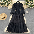High-end fashion dress women's  spring new french style cinched waist slimming hollow-out crochet lace ruffle hem maxi dress