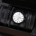 White surface, red lettering, black belt + black bracelet set