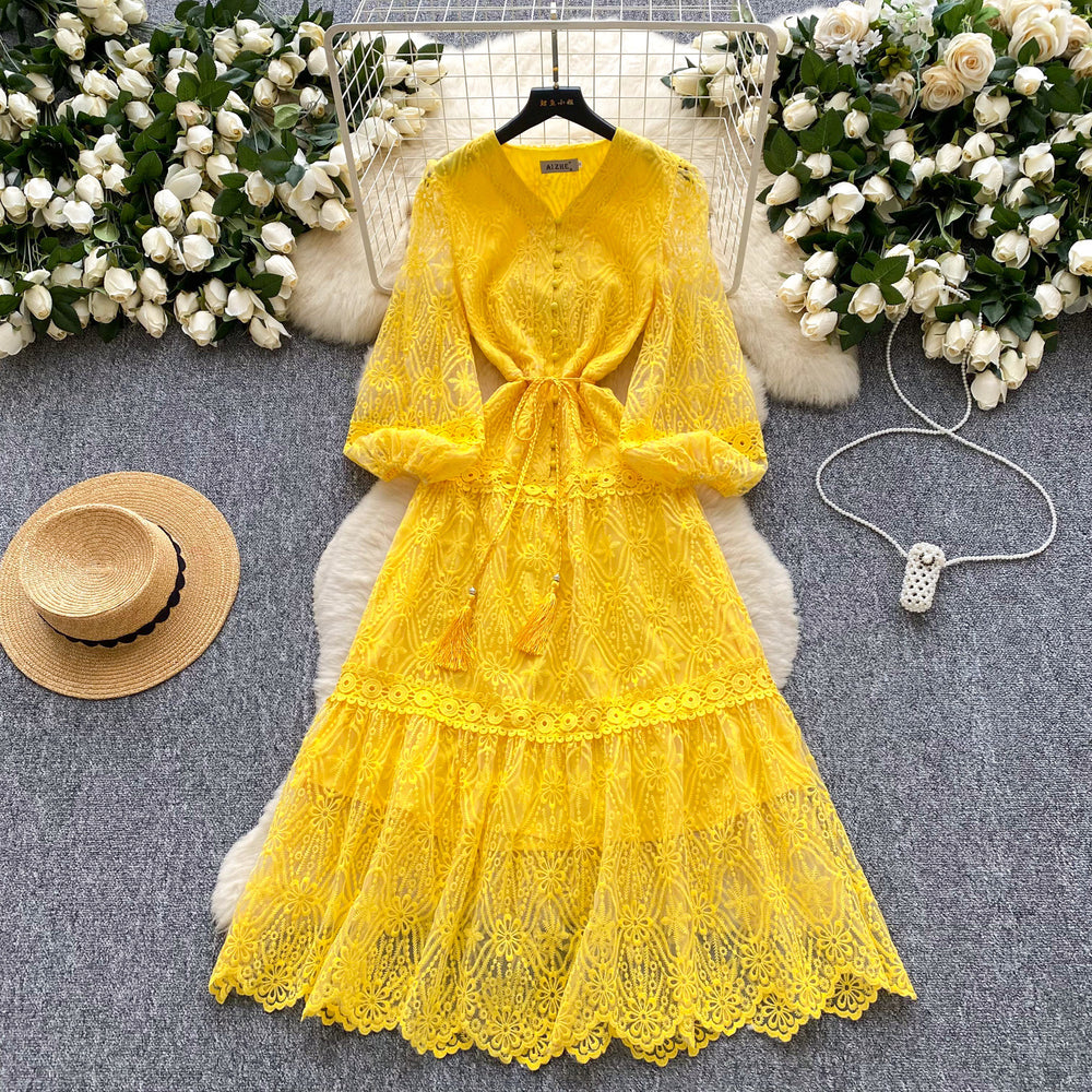 French chic high-end elegant dress - women's premium tie-waist lantern sleeve embroidered mesh a-line midi dress
