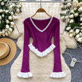 European and american style color block striped knit top - autumn ruffle hem flare sleeve slim fit outerwear base layer
