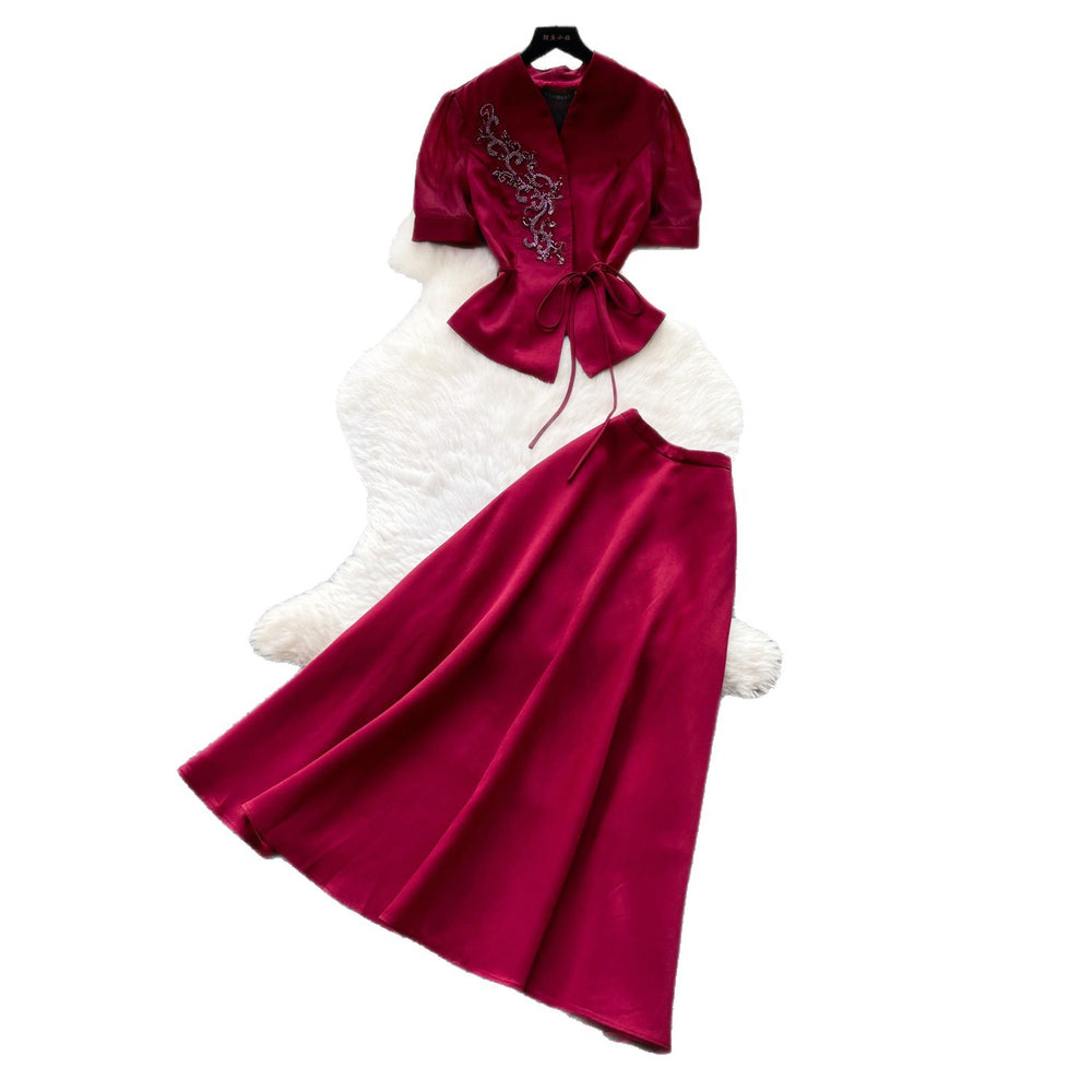 Luxury chic wine red puff sleeve top and high-waisted maxi skirt two-piece set - women's summer commute outfit, slim fit and figure-flattering