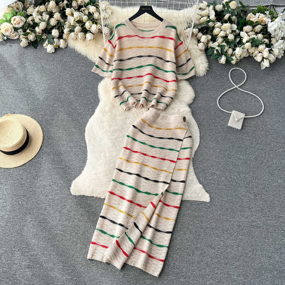 Korean chic retro striped color block set - women's loose fit crew neck short sleeve knit top & high waist bodycon midi skirt