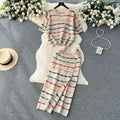 Korean chic retro striped color block set - women's loose fit crew neck short sleeve knit top & high waist bodycon midi skirt