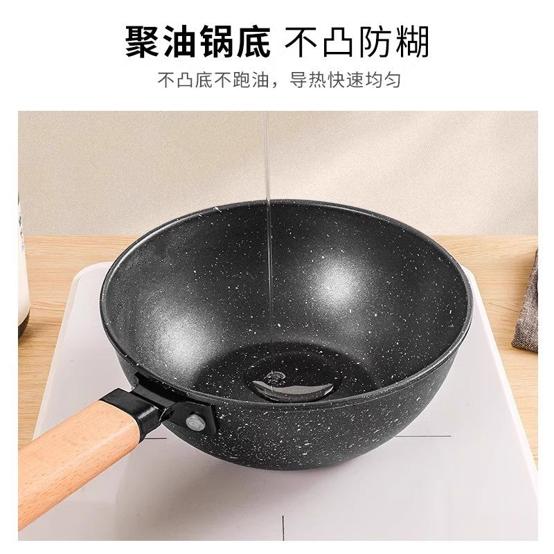 New arrival medical stone non-stick small milk pot with oven mitts wooden handle korean stylefor home frying pan wok stone color flats pot wholesale