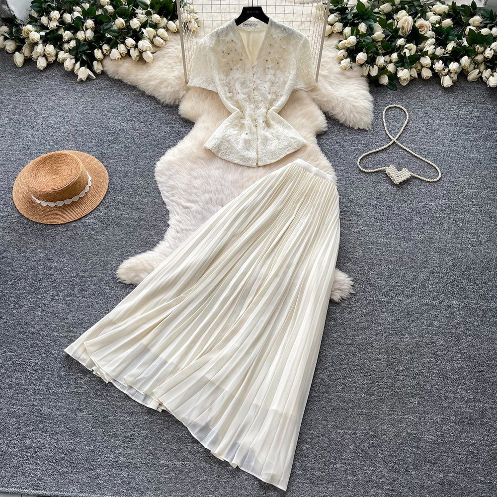 French chic v-neck lace embroidered top & high-waisted pleated skirt two-piece set - elegant & slimming summer outfit