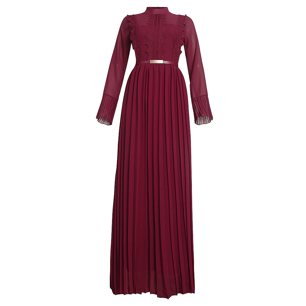 African women's fashion: elegant commute-ready long sleeve chiffon pleated midi dress with belt