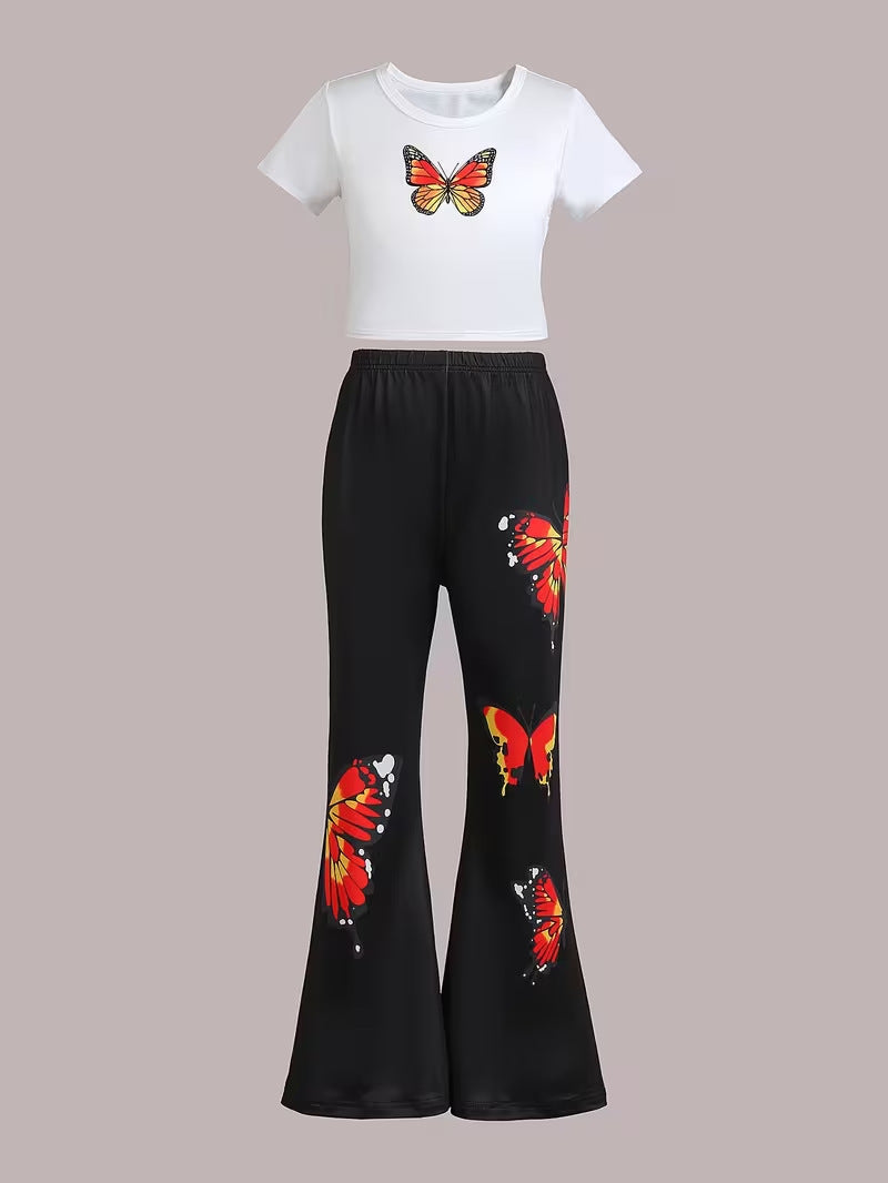 wholesale girls' flared pants set, a fashionable spring, summer, and autumn outfit for girls, featuring a short-sleeved top and long flared pants, perfect for going out