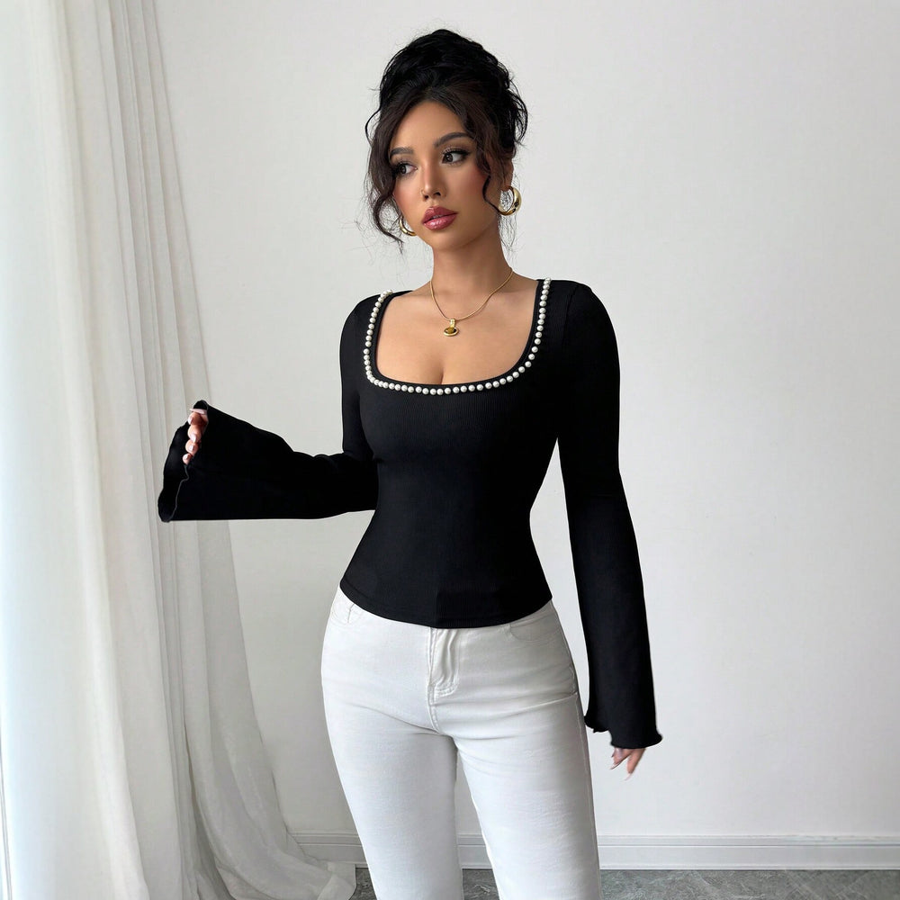 premium black square neck t-shirt for women - pearl embellished flare sleeve slim fit long sleeve top
