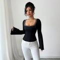 premium black square neck t-shirt for women - pearl embellished flare sleeve slim fit long sleeve top