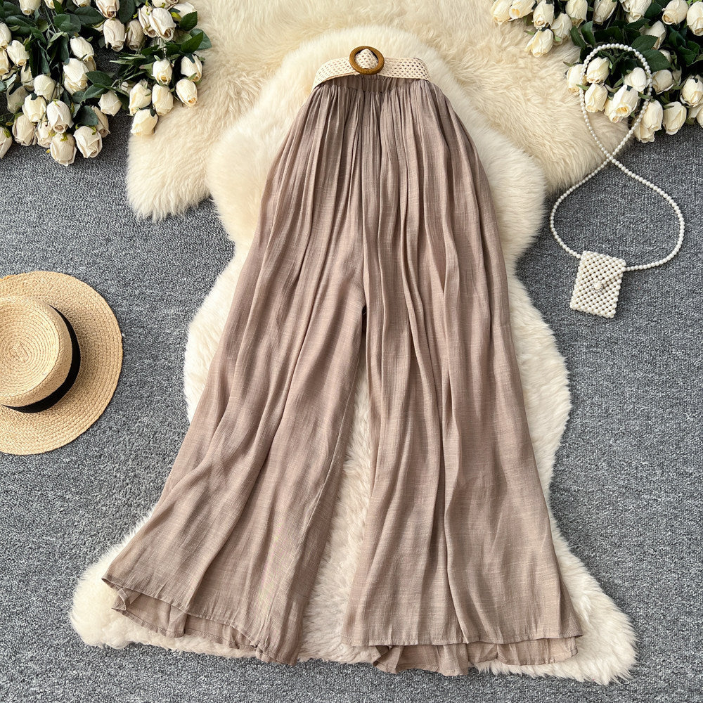 Lazy style high waist woven belt loose wide leg pants for women spring and summer drape slimming look cover crotch loosecasual pants