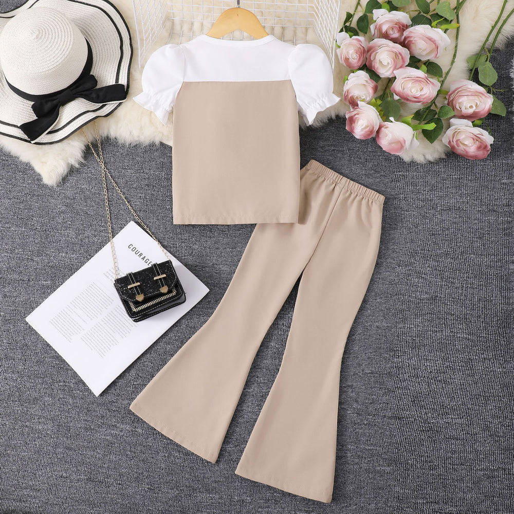 Girls' two-piece outfit: patchwork button-down top + solid color pants set