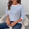 new blue striped crew neck long sleeve t-shirt - relaxed fit, slimming women's top
