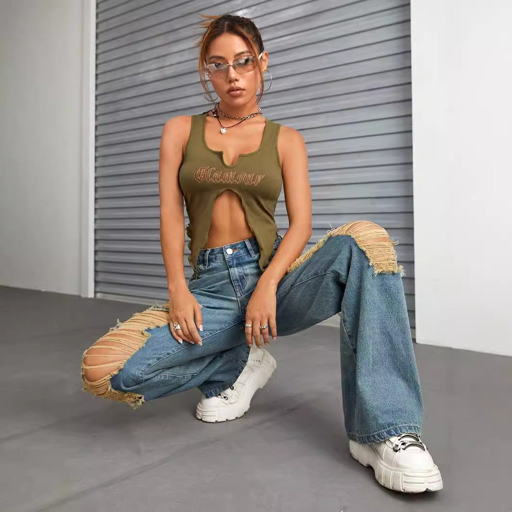 In-stock - 65056##  cross-border fashion women's casual versatile distressed wide-leg denim jeans