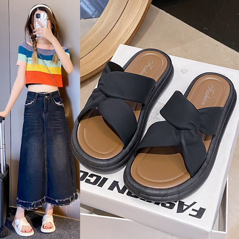 Trendy platform slides for women - summer 2024 new arrivals: fashionable crossover design, elegant chunky sole, perfect for summer outings