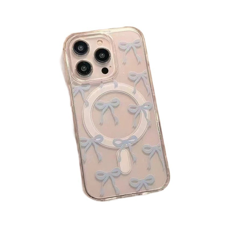 New arrival suitable for apple 17promax mobile phone case 16plus blue pink bow magnetic transparent mobile phone protective case