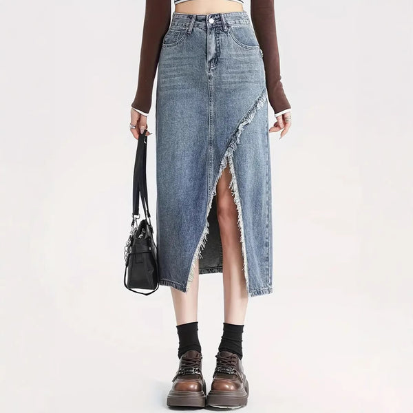 Europe, America,   fashion,  fashion, rough edge washed women's denim skirt