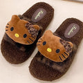 Cute leopard print hello kitty fuzzy slippers for women - new winter thick-soled design, stylish outdoor wear, warm and cozy one-strap cotton slippers