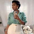 European and american cross-border women's fashion:  autumn new collection - stylish green striped long-sleeve shirt and high-waisted midi skirt set