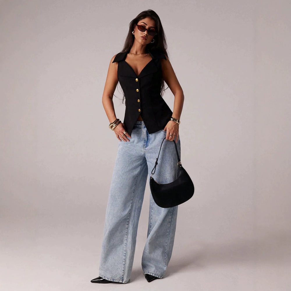 Fashionjeans women's snowflake washed loose pants retro light blue high waist lazy style loose drape denim pants